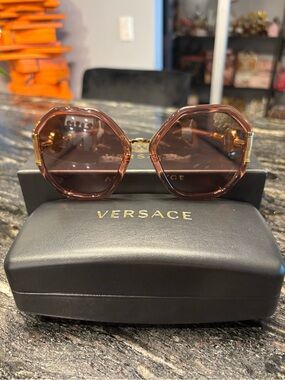 Versace Women’s Octagonal Brown Frame Sunglasses with Gold Accents